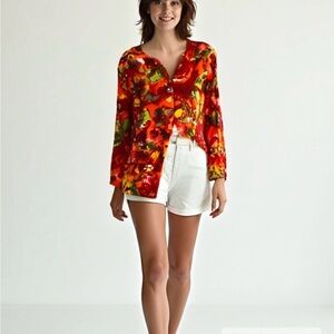 CHICO'S COTTON/SPANDEX
ORANGE /GREEN MULTI JACKET Blazer Size 2 (L12)